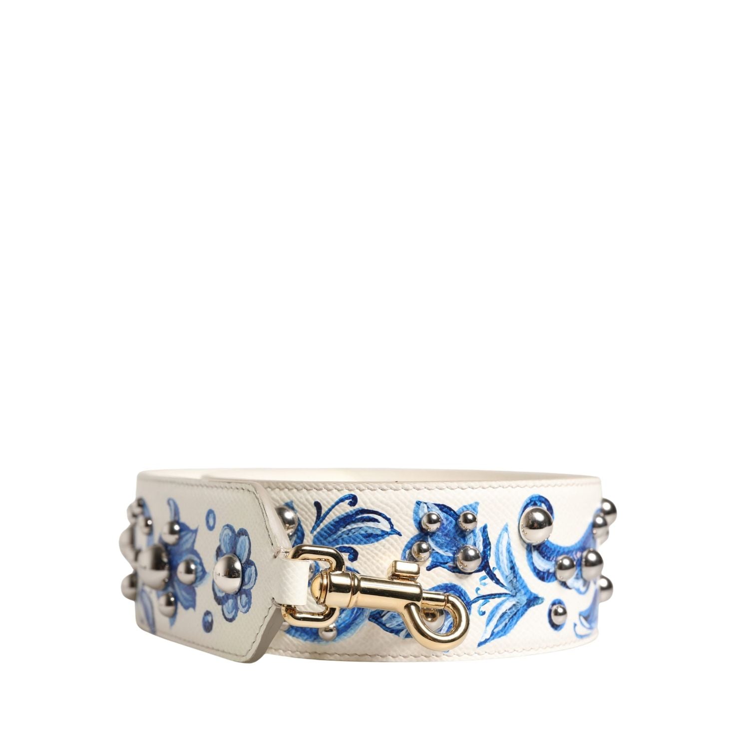 Dolce & Gabbana White Blue Floral Leather Stud Accessory Shoulder Strap