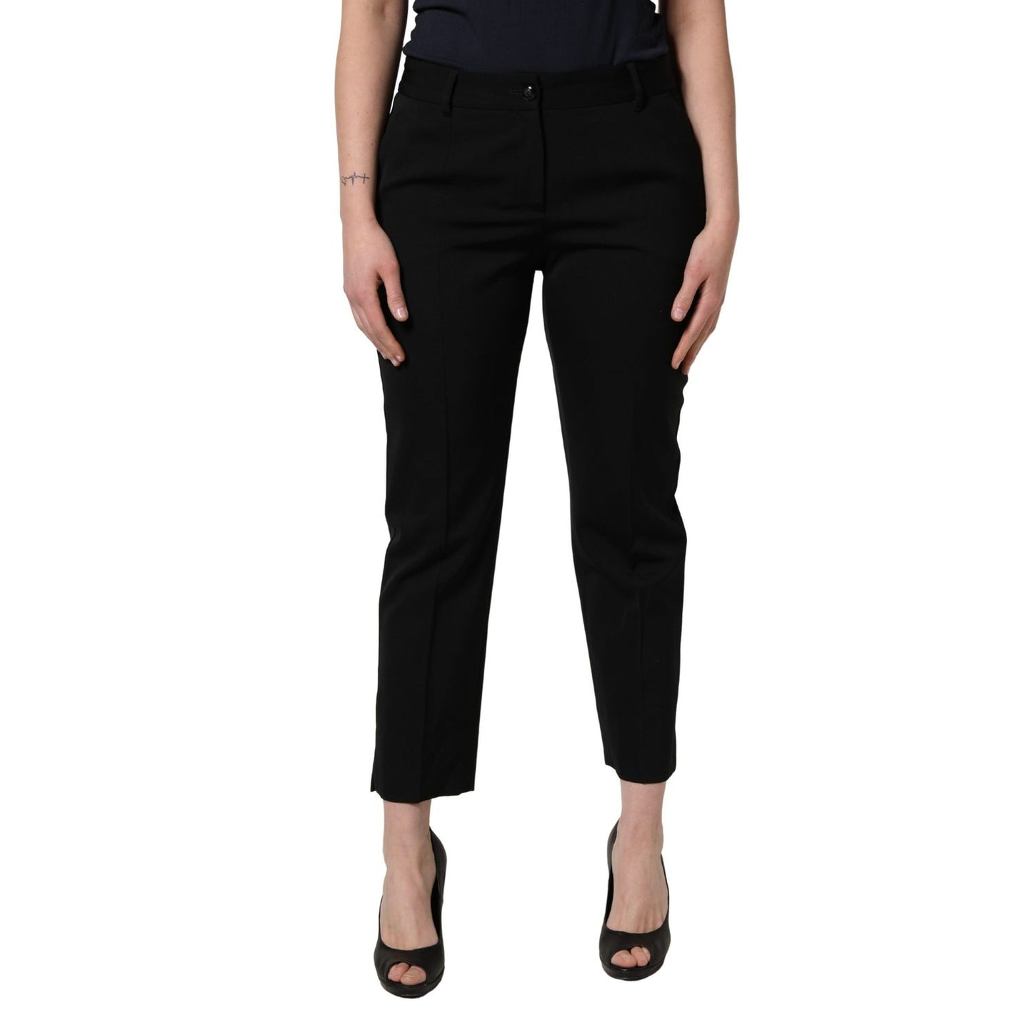 Dolce & Gabbana Black Wool High Waist Cropped Tapered Pants
