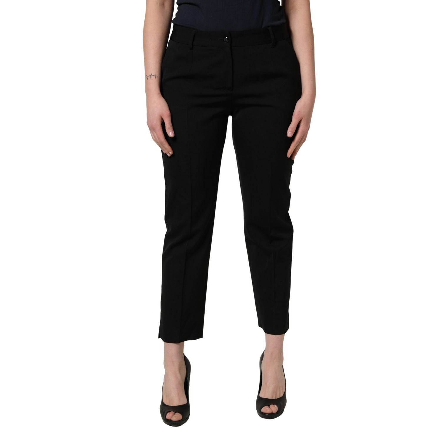 Dolce & Gabbana Black Wool High Waist Cropped Tapered Pants