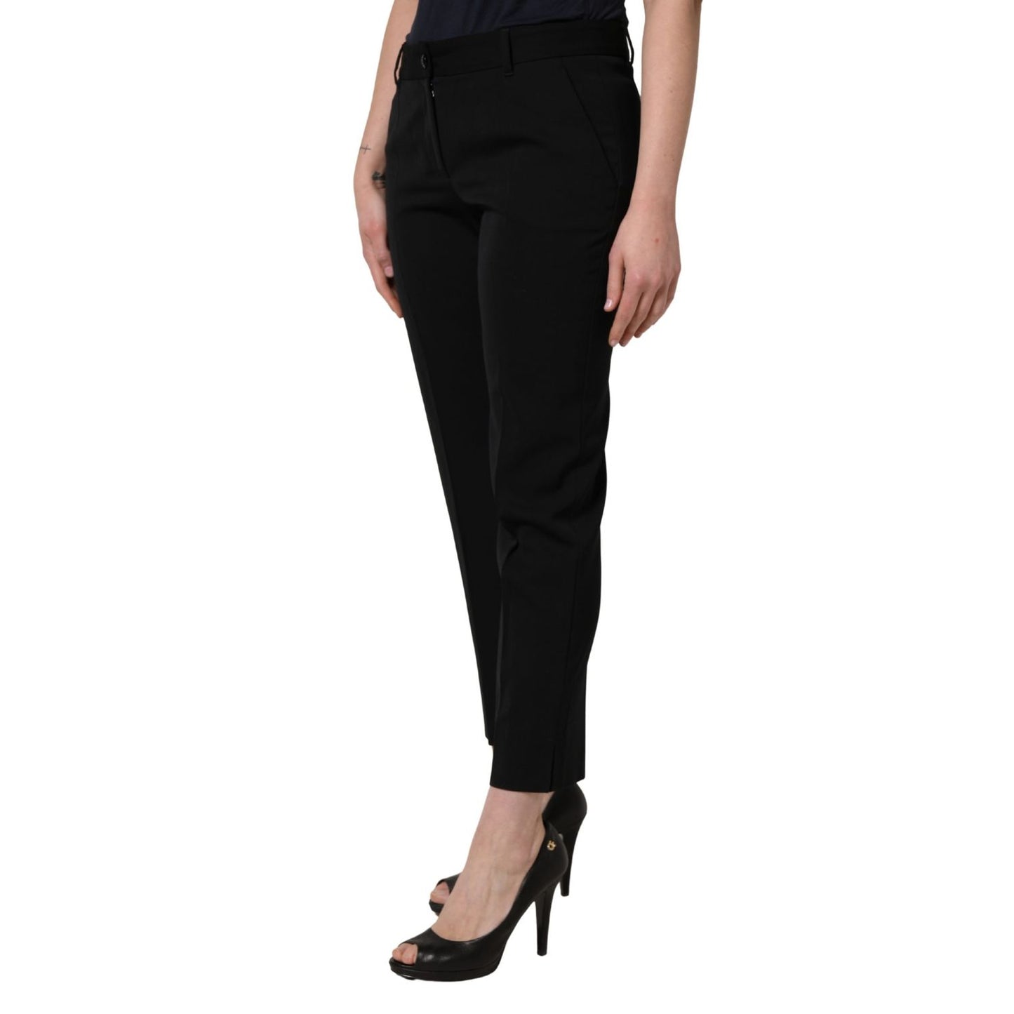 Dolce & Gabbana Black Wool High Waist Cropped Tapered Pants