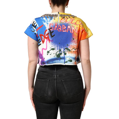 Dolce & Gabbana Multicolor Graffiti Crystals Crop Jersey Top