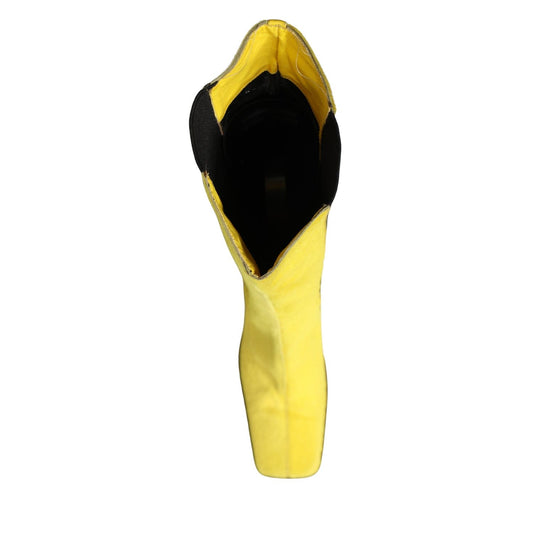Dolce & Gabbana Yellow Black Leather Knee High Boots Shoes