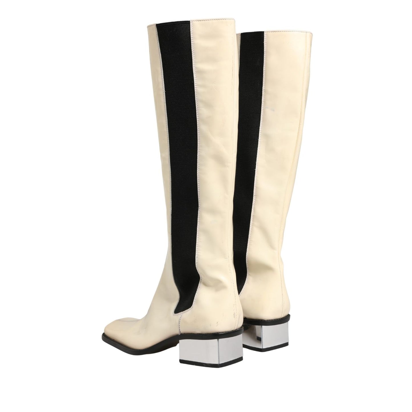 Dolce & Gabbana White Black Leather Knee High Boots Shoes