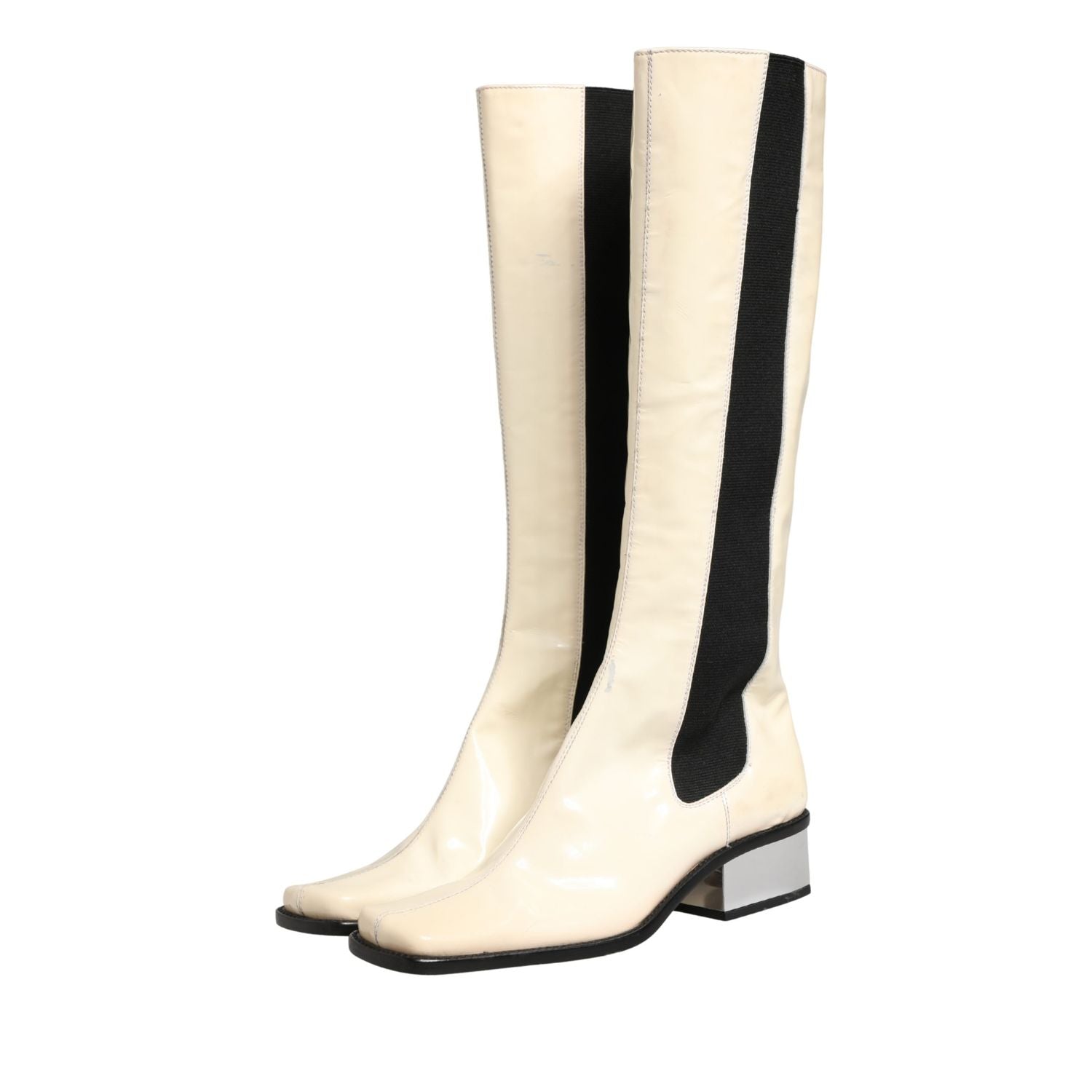 Dolce & Gabbana White Black Leather Knee High Boots Shoes