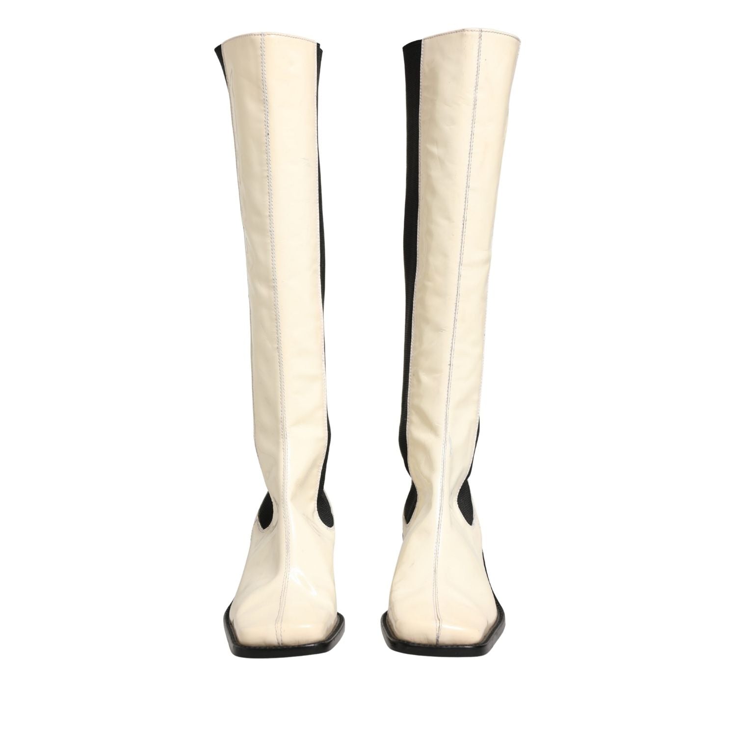Dolce & Gabbana White Black Leather Knee High Boots Shoes