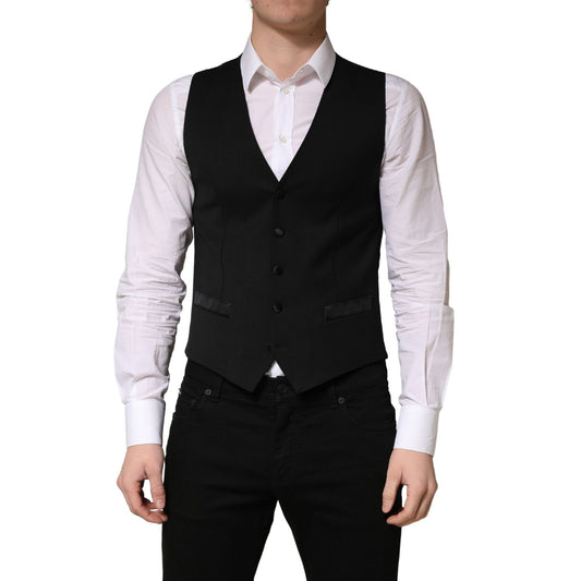 Dolce & Gabbana Black Wool Single Breasted Men Waistcoat Vest