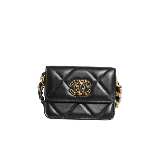 Chanel 19 Flap Coin Purse Quilted Leather Black Crossbody