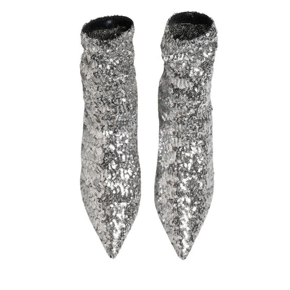 Dolce & Gabbana Silver Sequined Short Boots Stretch Shoes