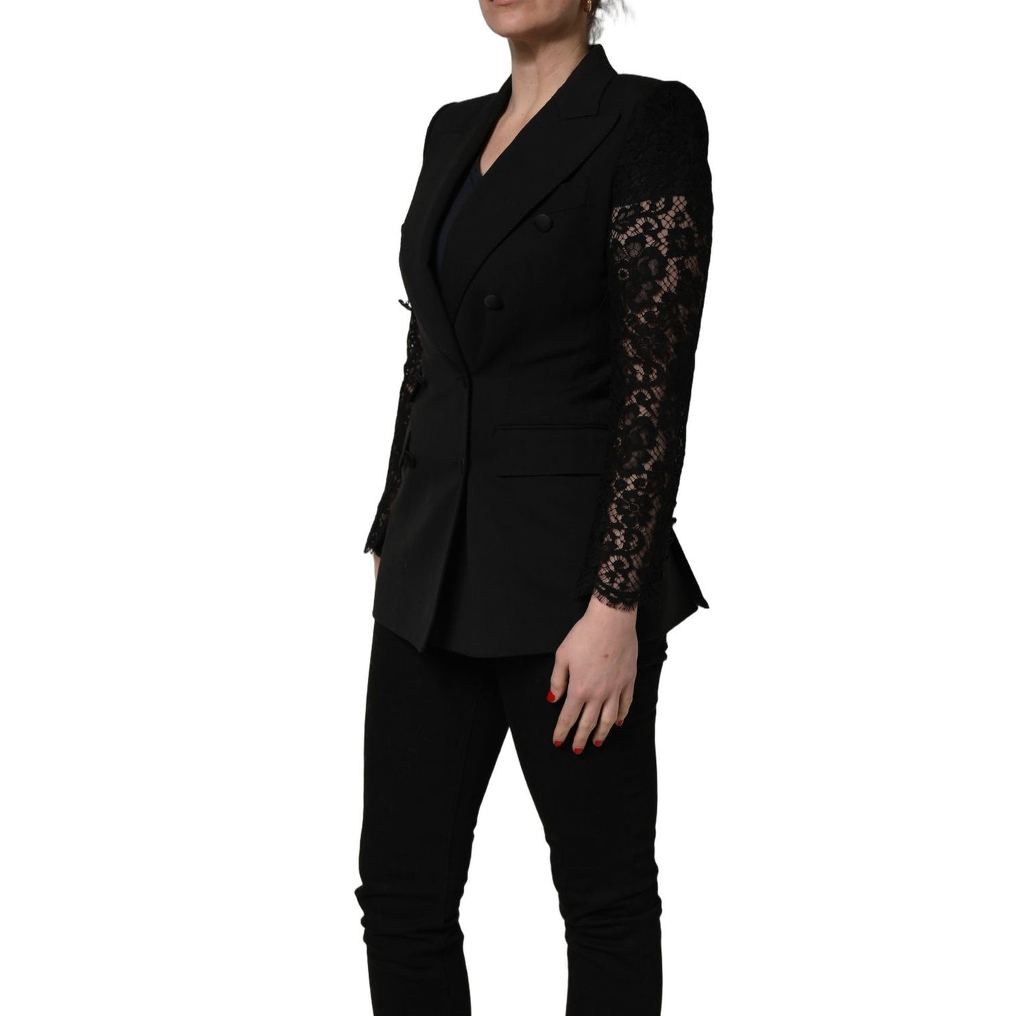 Dolce & Gabbana Black Wool DoubleBreasted Lace Sleeve Jacket