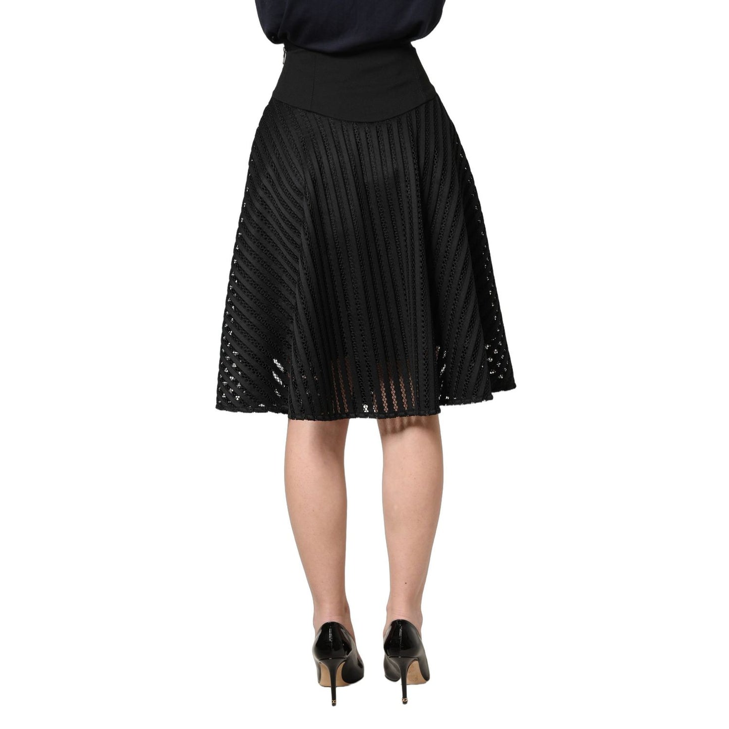 PINKO Cotton Striped Flared Silhouette Aline Midi Black