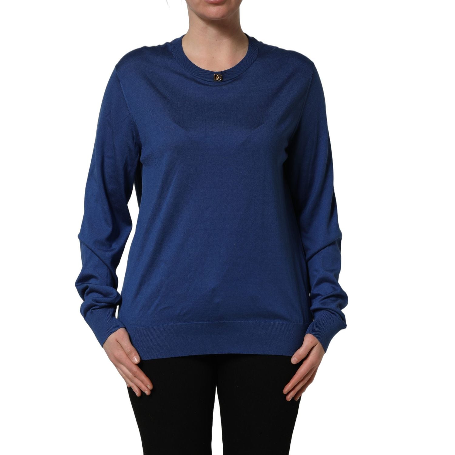 Dolce & Gabbana Blue Silk DG Logo Crew Neck Pullover Sweater