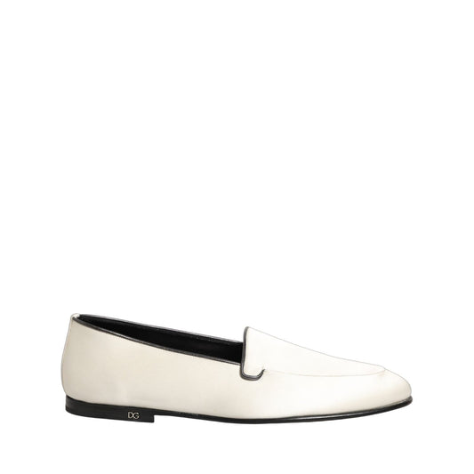 Dolce & Gabbana White Satin Logo Slip On Flats Loafers Shoes