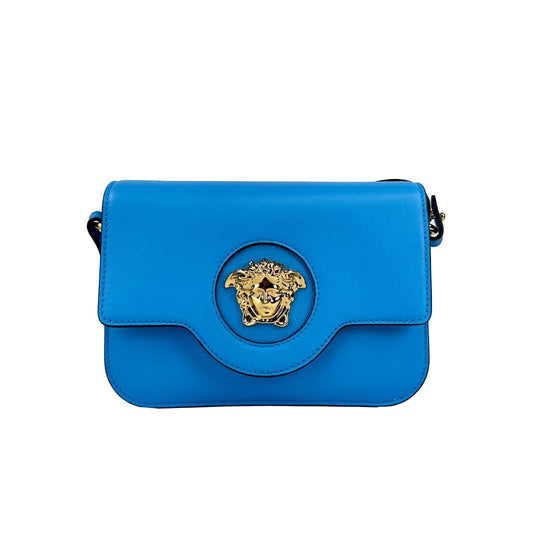 Versace La Medusa Blue Leather Shoulder Crossbody Bag Purse