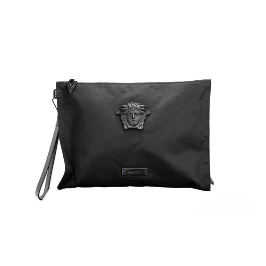 Versace Large Black Nylon Fabric Medusa Convertible Pouch Clutch Wristlet Bag