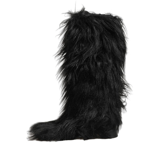 Dolce & Gabbana Black Faux Fur Mid Calf Winter Boots Shoes