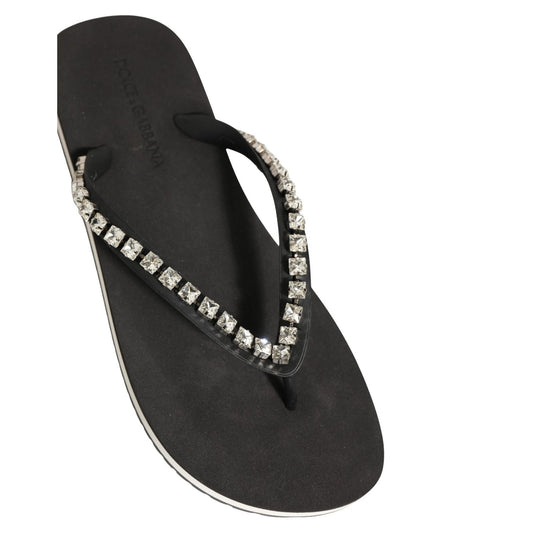 Dolce & Gabbana Black Embellished Rubber Flip Flops Men Shoes