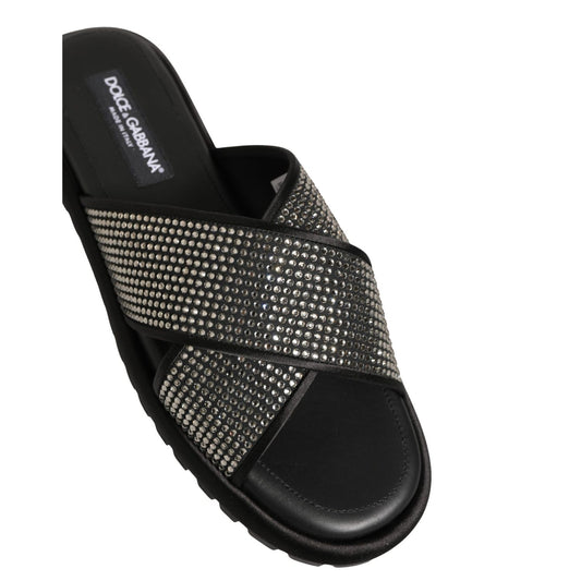 Dolce & Gabbana Black Strass Criss Cross Slide Sandals Shoes
