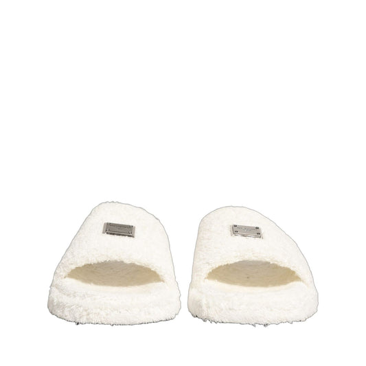 Dolce & Gabbana White Faux Fur Flats Men Slides Sandals Shoes