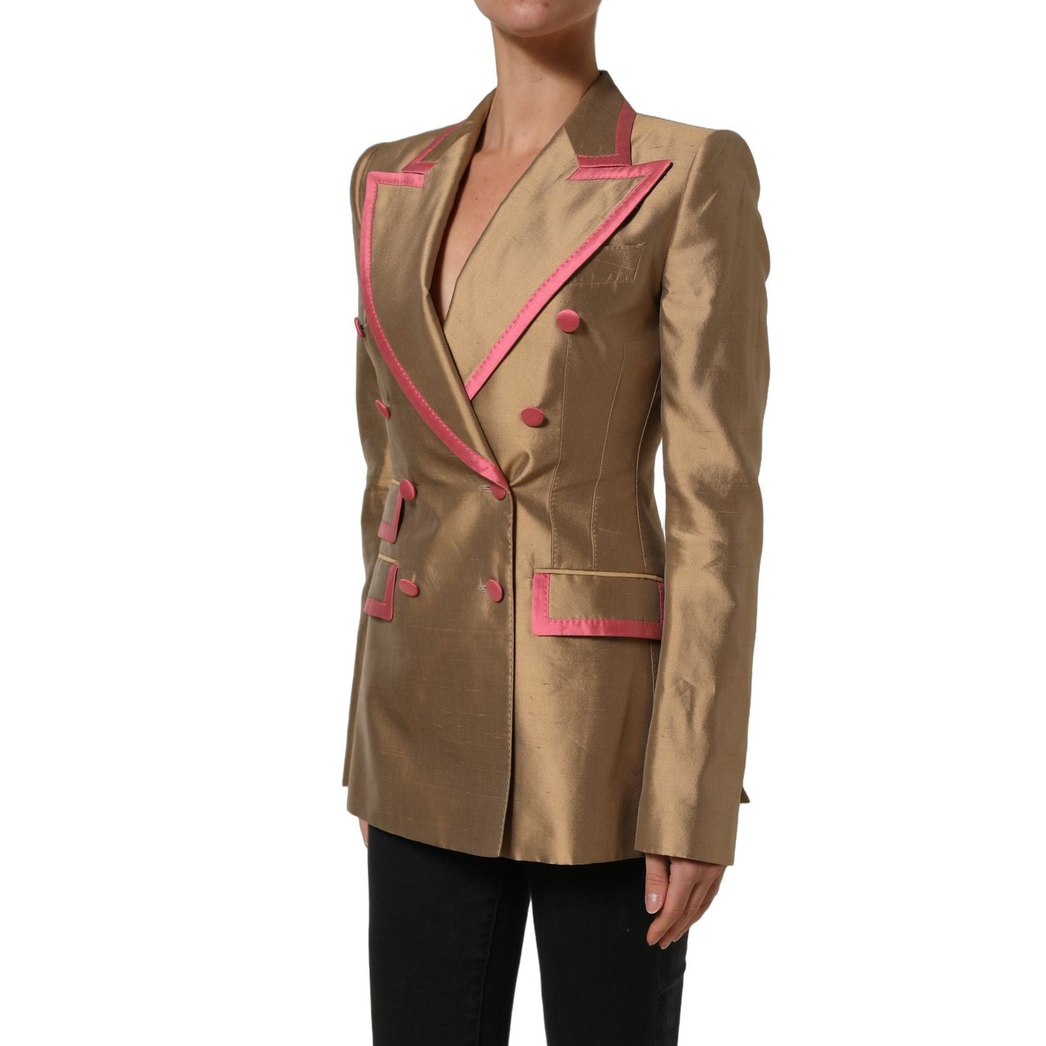 Dolce & Gabbana Gold Silk Double Breasted Coat Blazer Jacket