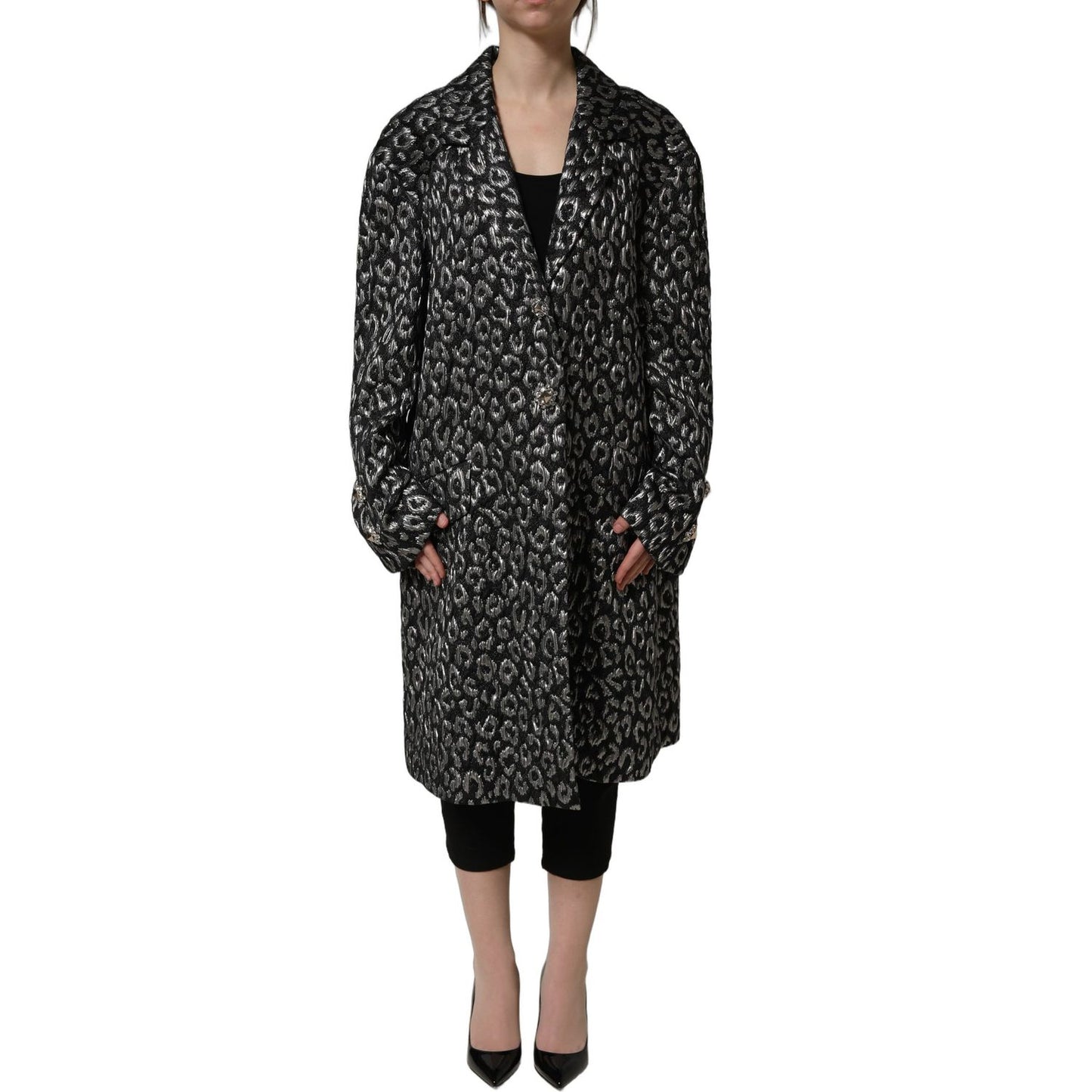 Dolce & Gabbana Black Silver Jacquard Leopard Coat Jacket