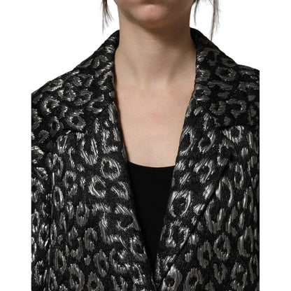 Dolce & Gabbana Black Silver Jacquard Leopard Coat Jacket