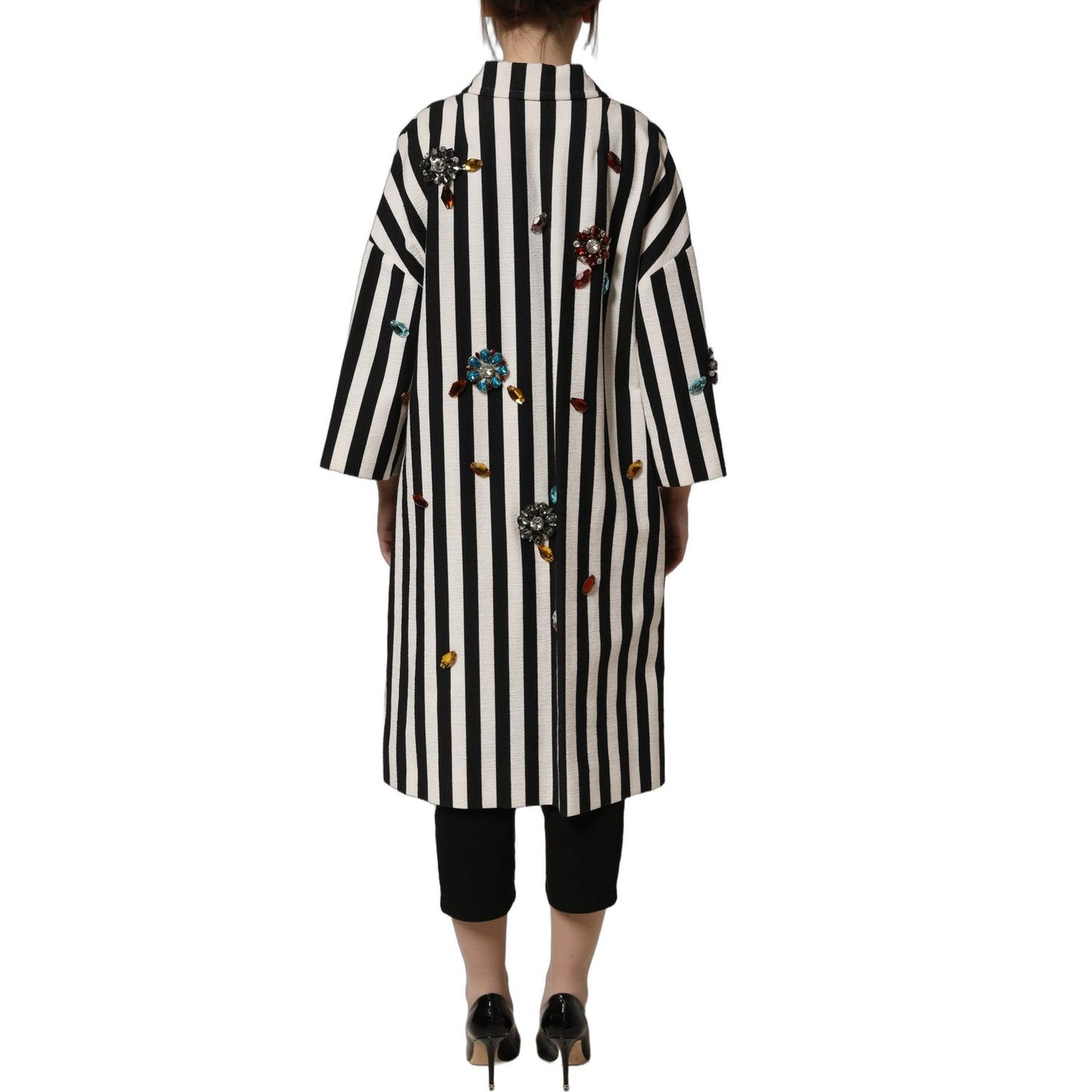 Dolce & Gabbana Black White Striped Embellished Coat Jacket