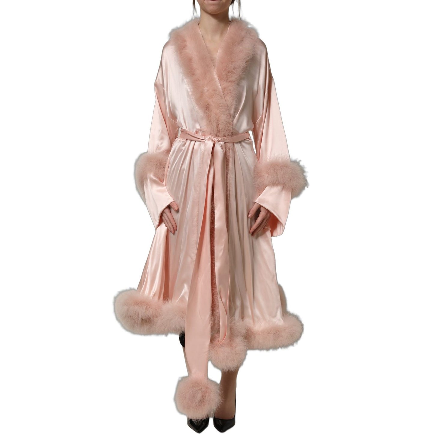 Dolce & Gabbana Light Pink Silk Turkey Feather Robe Jacket