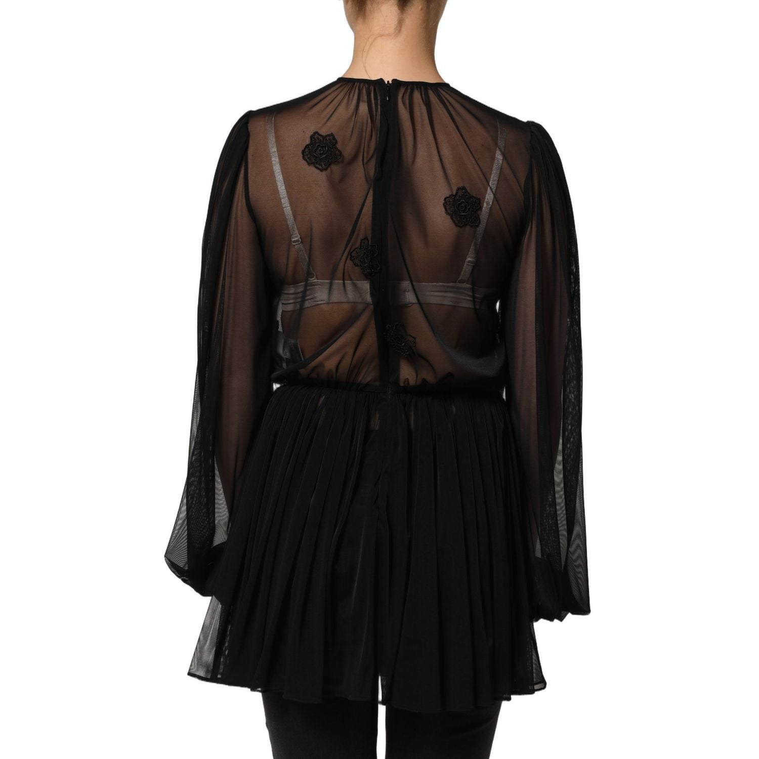 Dolce & Gabbana Black Polyester Mesh Sheer Crewneck Blouse Top