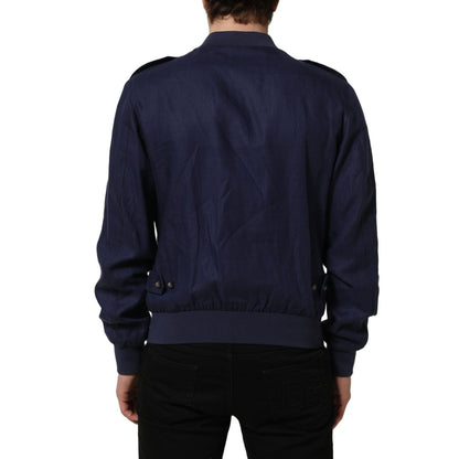 Dolce & Gabbana Blue Linen Full Zip Men Bomber Jacket