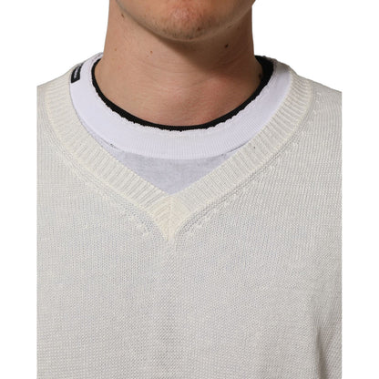 Dolce & Gabbana White Flax CrewNeck Layered Pullover Sweater