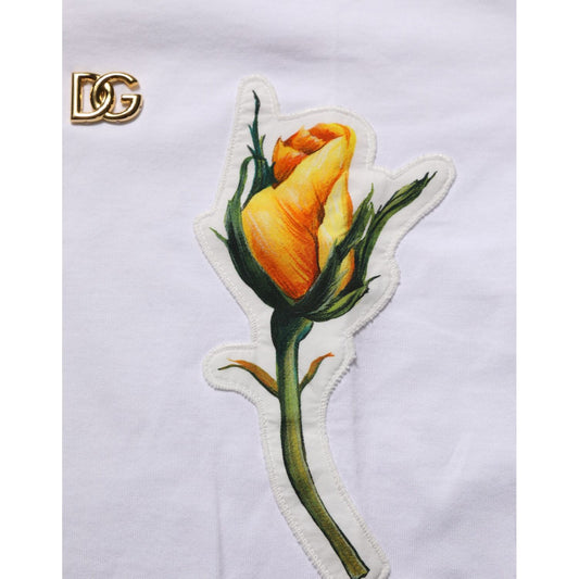 Dolce & Gabbana White Cotton Rose Patch Crew Neck T-shirt