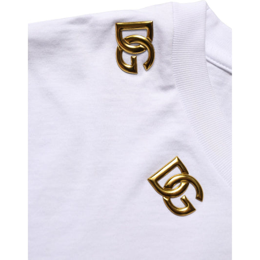 Dolce & Gabbana White Cotton Gold DG Logo Crew Neck T-shirt