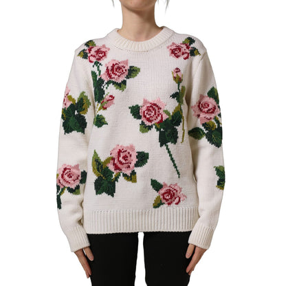 Dolce & Gabbana White Wool Floral Crew Neck Pullover Sweater