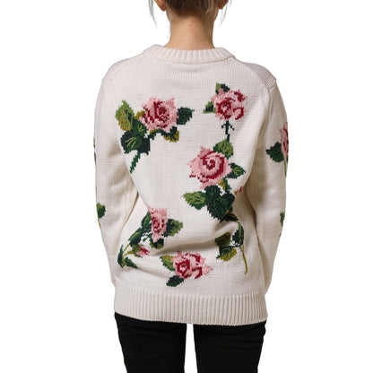 Dolce & Gabbana White Wool Floral Crew Neck Pullover Sweater