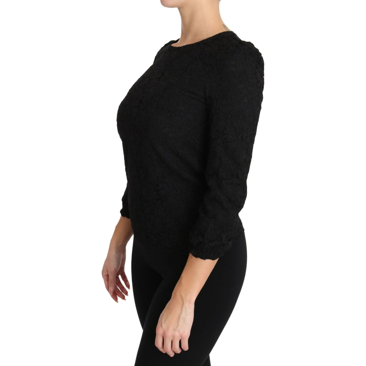 بلوزة دولتشي آند غابانا الأنيقة ذات الياقة المستديرة باللون الأسود والمزينة بالزهور