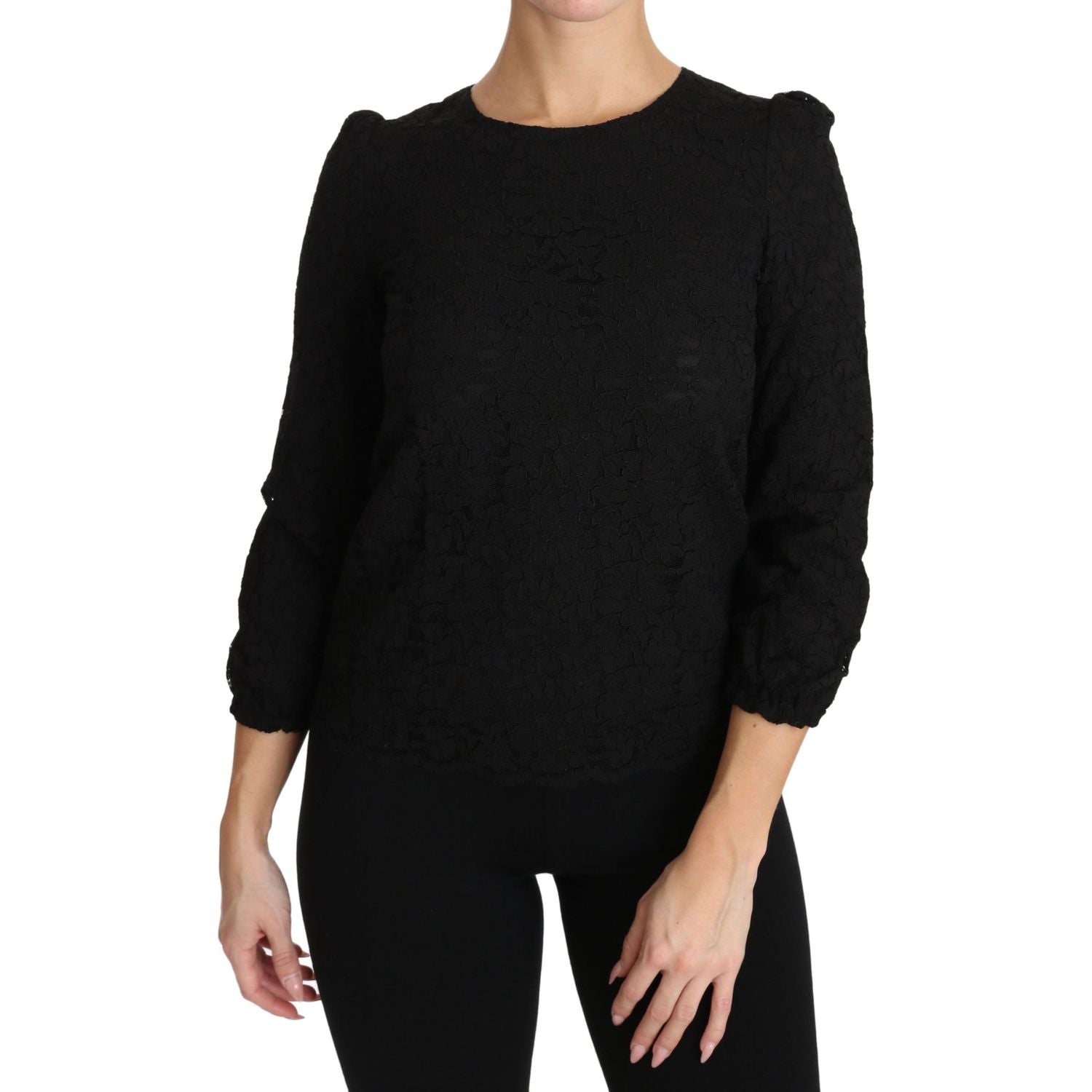 بلوزة دولتشي آند غابانا الأنيقة ذات الياقة المستديرة باللون الأسود والمزينة بالزهور