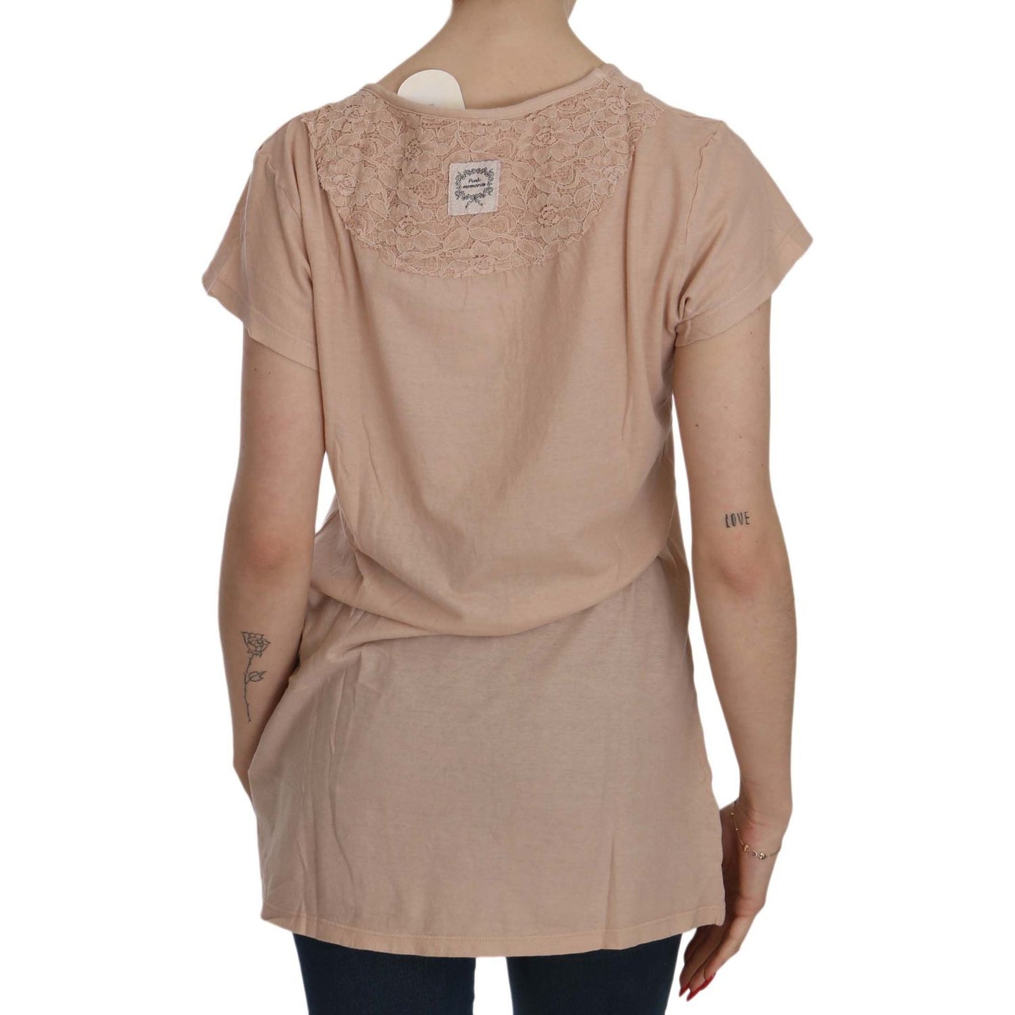 PINK MEMORIES Pink Cream Lace Short Sleeve Shirt Top Cotton Blouse