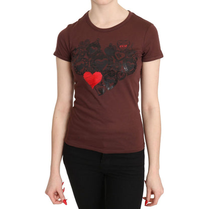 Exte Brown Hearts Printed Round Neck T-shirt Top