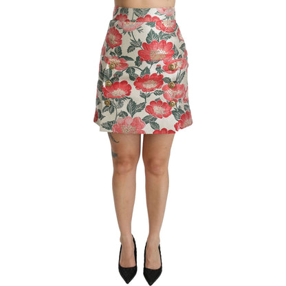 Dolce & Gabbana White Green Red Floral High Waist Mini Skirt