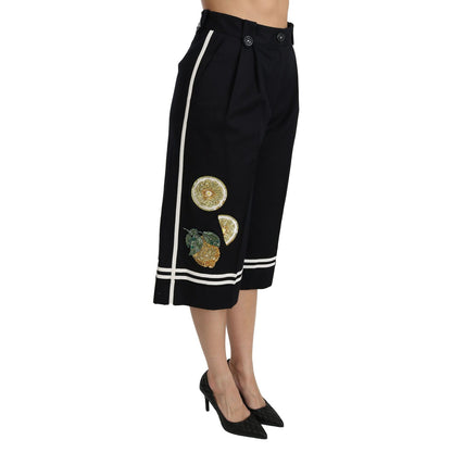 Dolce & Gabbana Black Lemon Embellished Palazzo Cropped Pants
