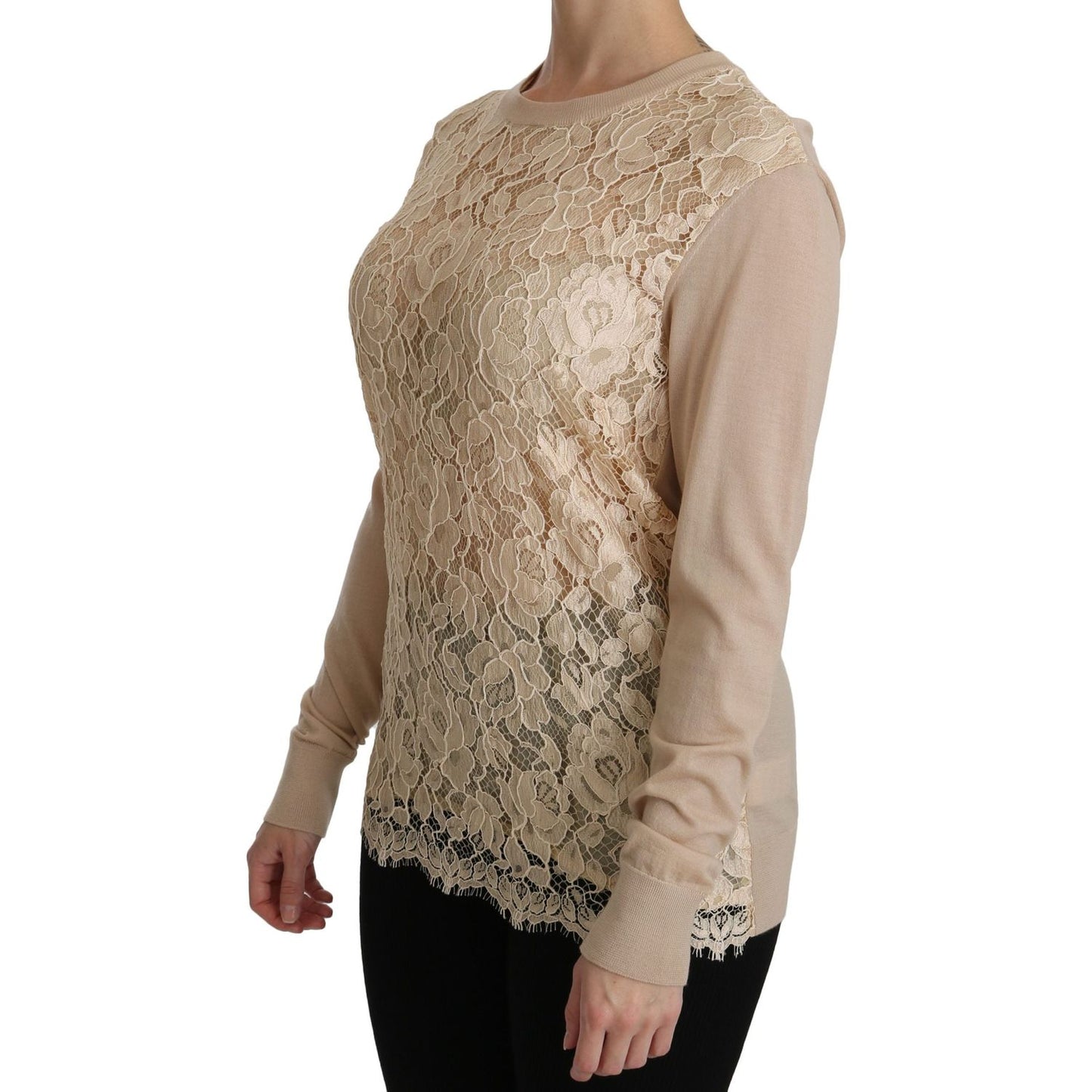 Dolce & Gabbana Beige Lace Long Sleeve Top Cashmere Blouse