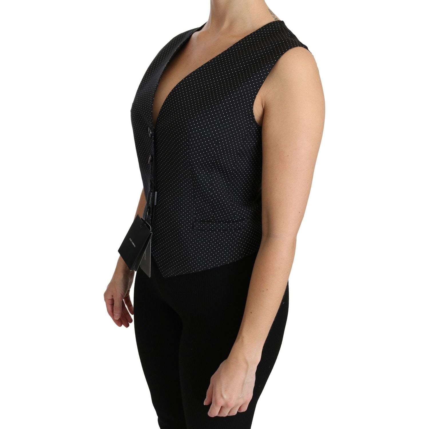 سترة صوفية سوداء من دولتشي آند غابانا بدون أكمام منقطة أنيقة