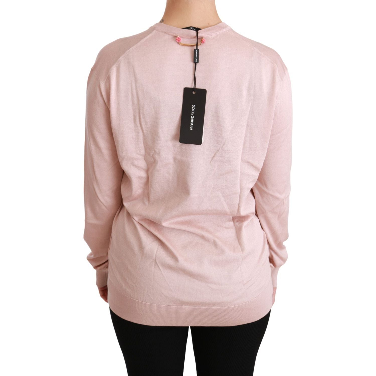 Dolce & Gabbana Pink Floral Embellished Pullover Silk Sweater
