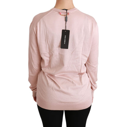 Dolce & Gabbana Pink Floral Embellished Pullover Silk Sweater