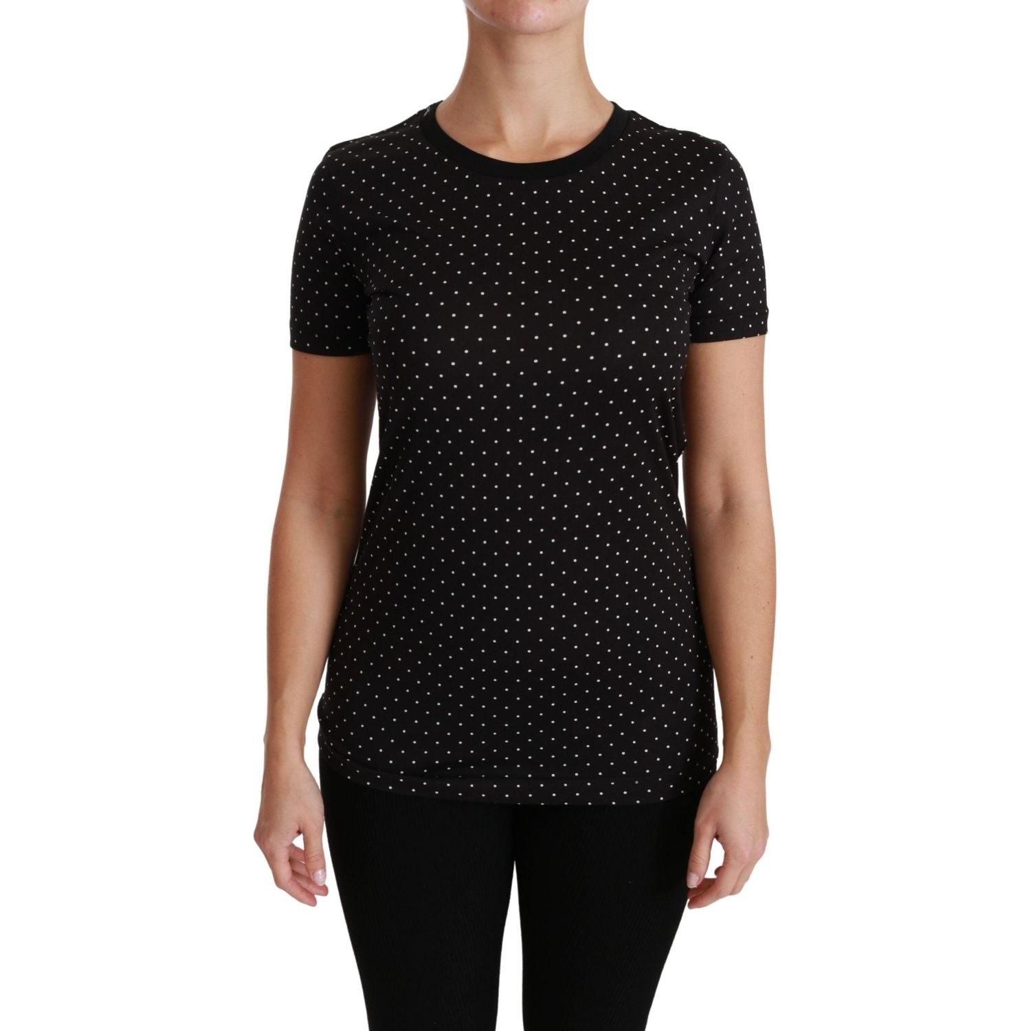 تي شيرت Dolce &amp; Gabbana Chic Black من القطن المنقط بياقة دائرية