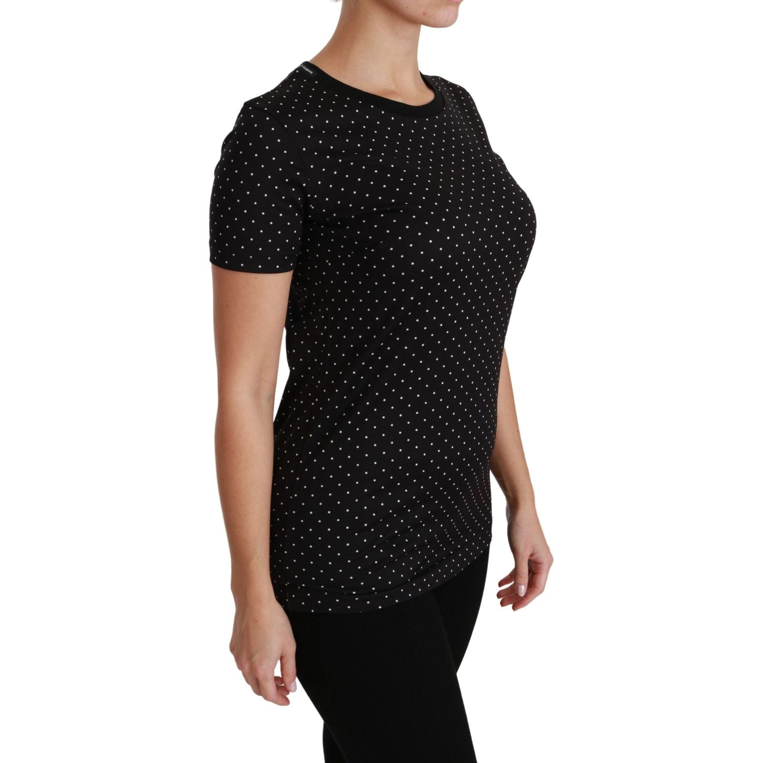 تي شيرت Dolce &amp; Gabbana Chic Black من القطن المنقط بياقة دائرية