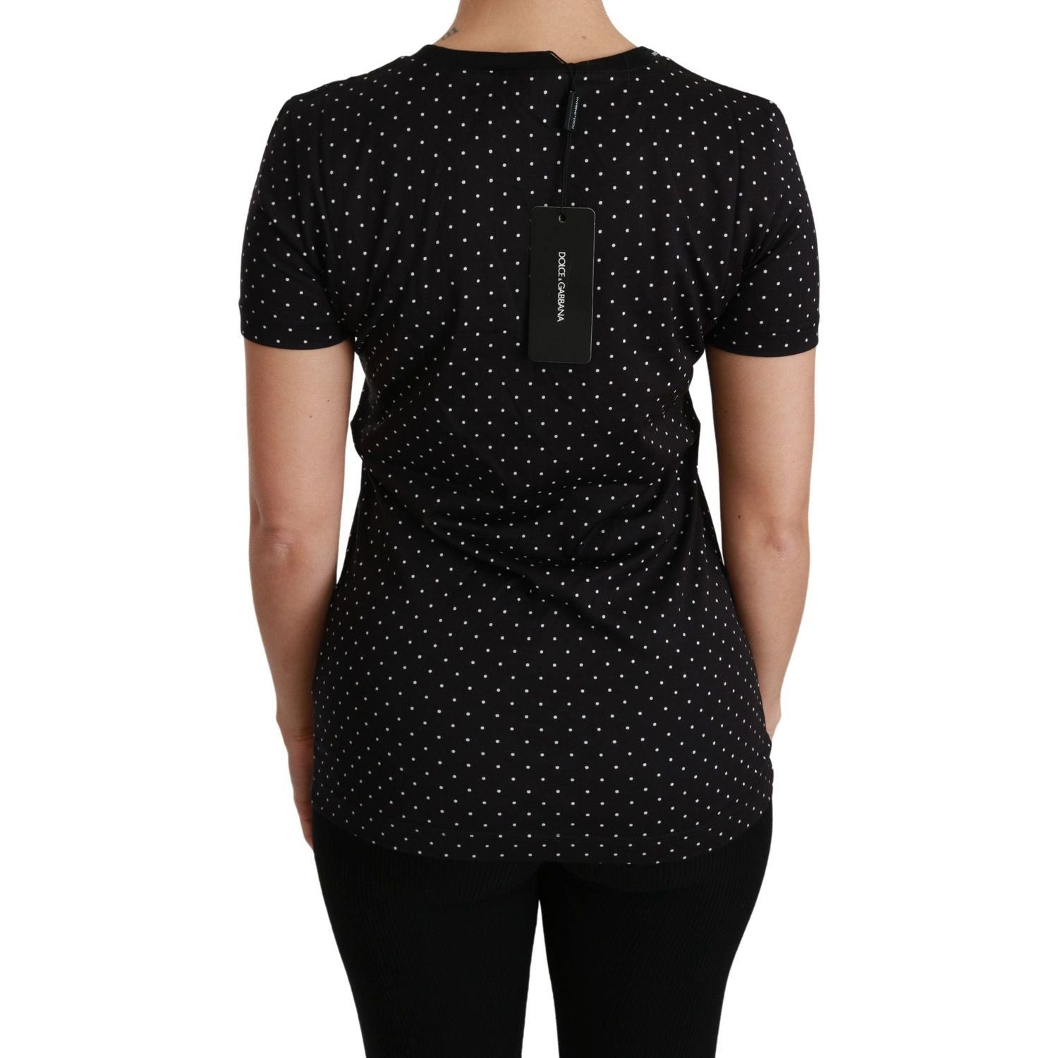 تي شيرت Dolce &amp; Gabbana Chic Black من القطن المنقط بياقة دائرية