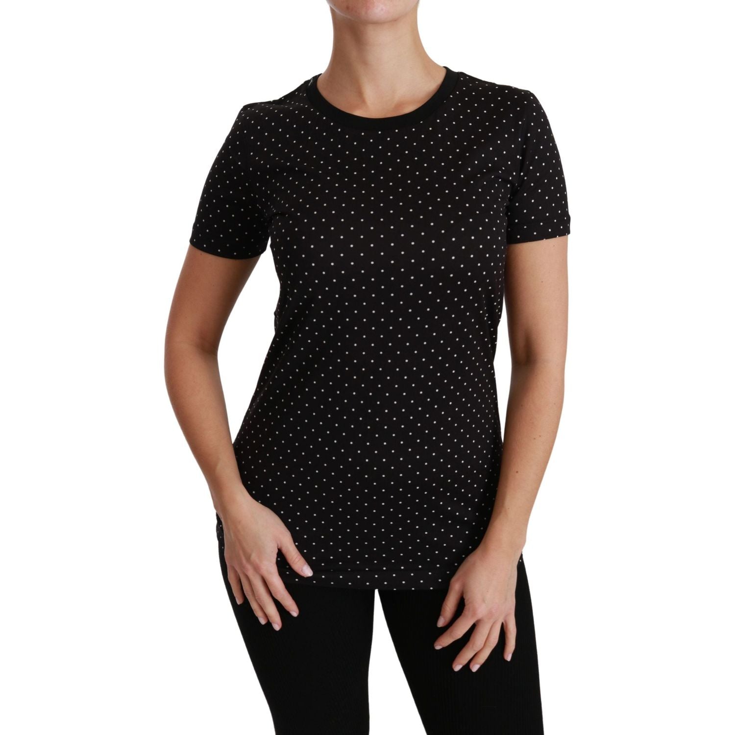 تي شيرت Dolce &amp; Gabbana Chic Black من القطن المنقط بياقة دائرية
