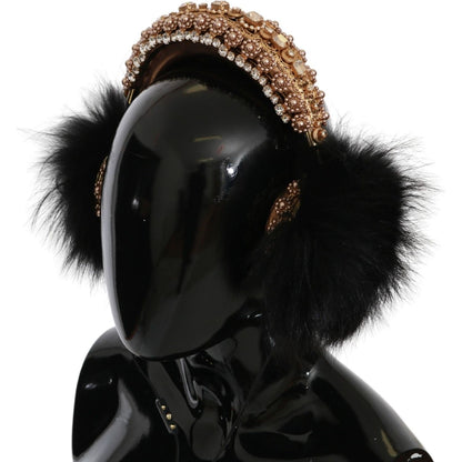 Dolce & Gabbana Gold Black Crystal Fur Headset Audio Headphones