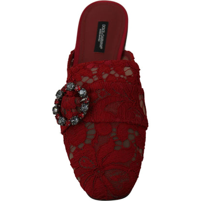 Dolce & Gabbana Red Lace Crystal Slide On Flats Shoes